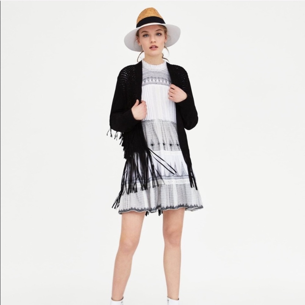 Zara %100 leather macrame Fringe coat